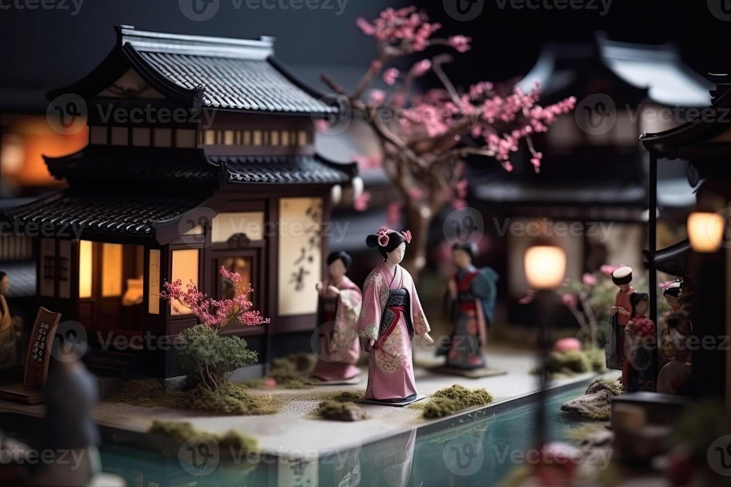 Miniature geisha in kimono. Japanese Asian diorama. Small woman in traditional costume created with Generative AI Technology photo