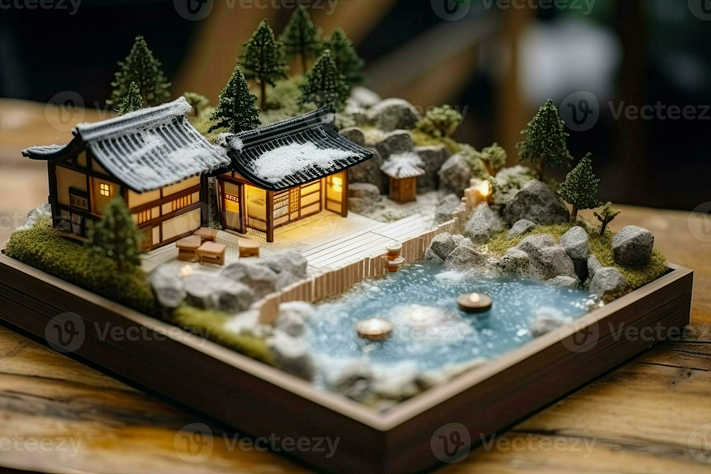 Diorama of Japanese garden. Hot spring, toy holiday home