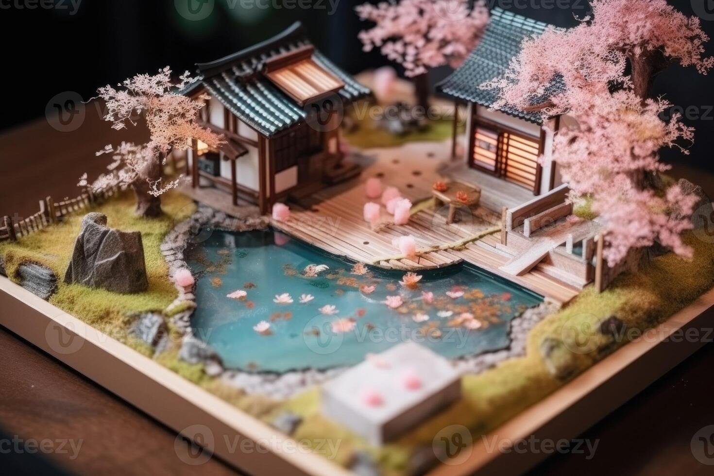 Diorama of Japanese garden. Hot spring, toy holiday home. Miniature of Japanese resort created with Generative AI Technology photo