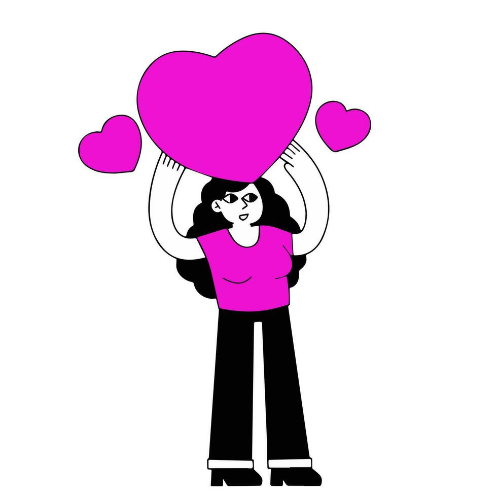 Woman stand with heart. Young female character. Romance and love. Girl with a cute gift. Outline Flat cartoon illustration vector