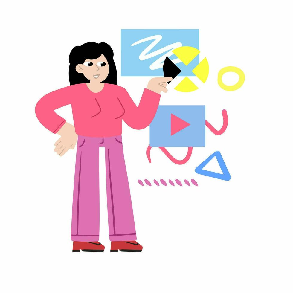 Process of creating and developing website. Female programmer and web designer. Woman at work. Mobile application and creating prototype of new website project. Online programming lesson. vector