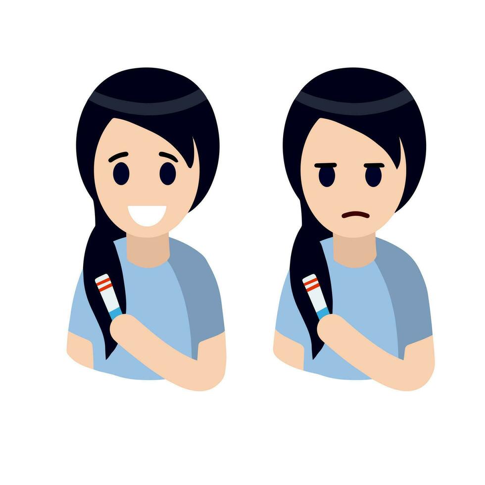 Pregnancy test. Happy and sad woman. Emotions of a young girl. Flat cartoon illustration. Two strips on the test. Analysis result. Beginning of motherhood vector