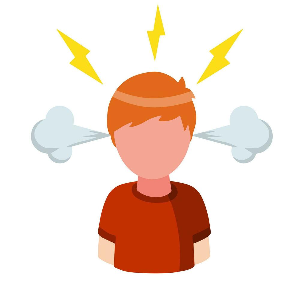 Stress. Bad emotion. Angry man. Steam from the ears and lightning in the head. Red face. Boy problems. Flat cartoon isolated on white background vector