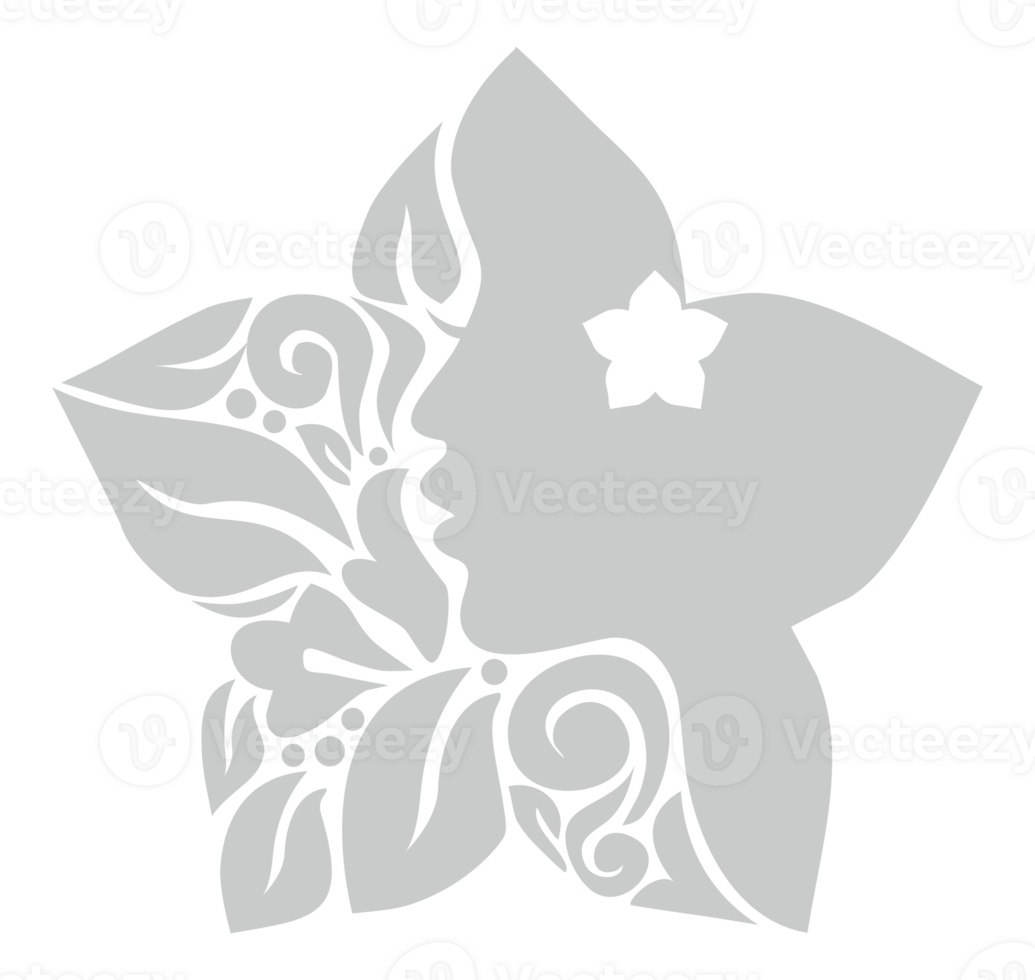 Ornamental Leaf, Flower, and Woman Face in the Flower-Shaped Illustration for Logo Type, Art Illustration or Graphic Design Element. Format PNG