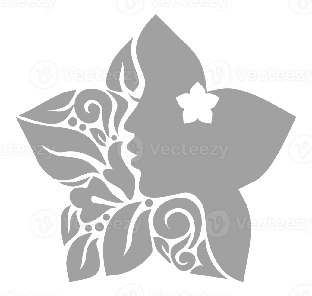 Ornamental Leaf, Flower, and Woman Face in the Flower-Shaped Illustration for Logo Type, Art Illustration or Graphic Design Element. Format PNG