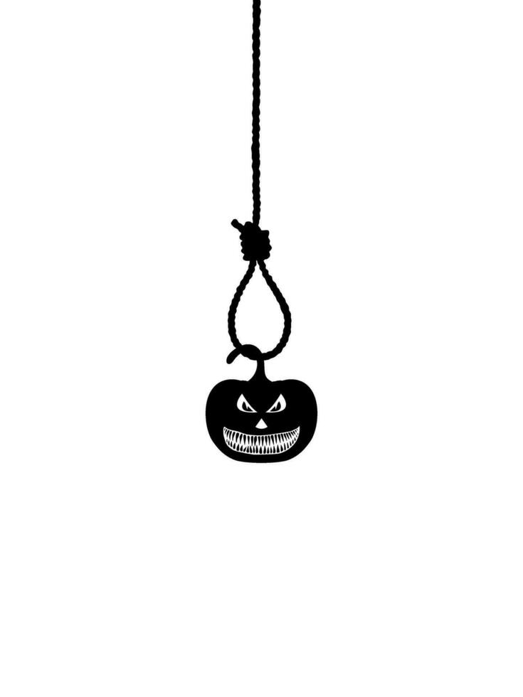 Scary Pumpkin hanging on gallows for sign, symbol and Halloween art illustration. Vector Illustration