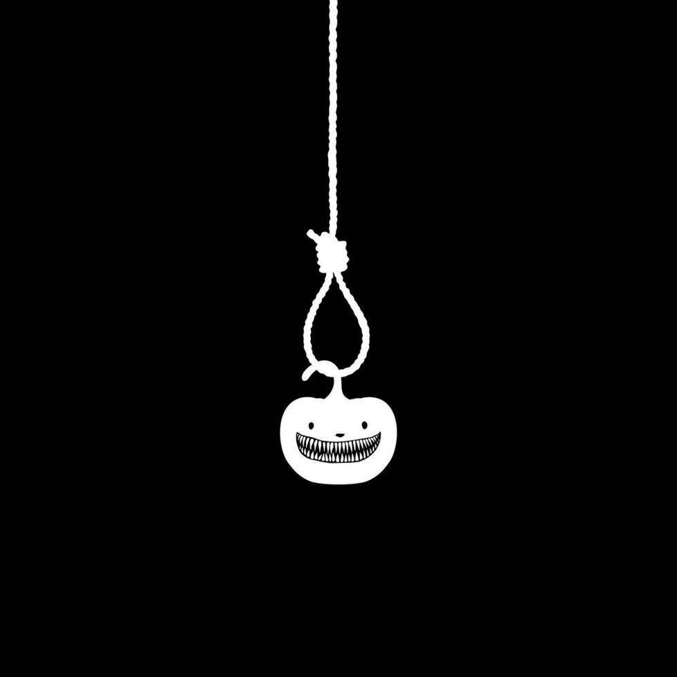 Scary Pumpkin hanging on gallows for sign, symbol and Halloween art illustration. Vector Illustration