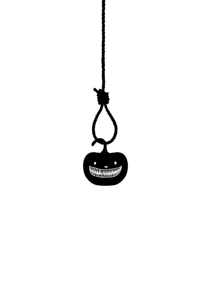 Scary Pumpkin hanging on gallows for sign, symbol and Halloween art illustration. Vector Illustration