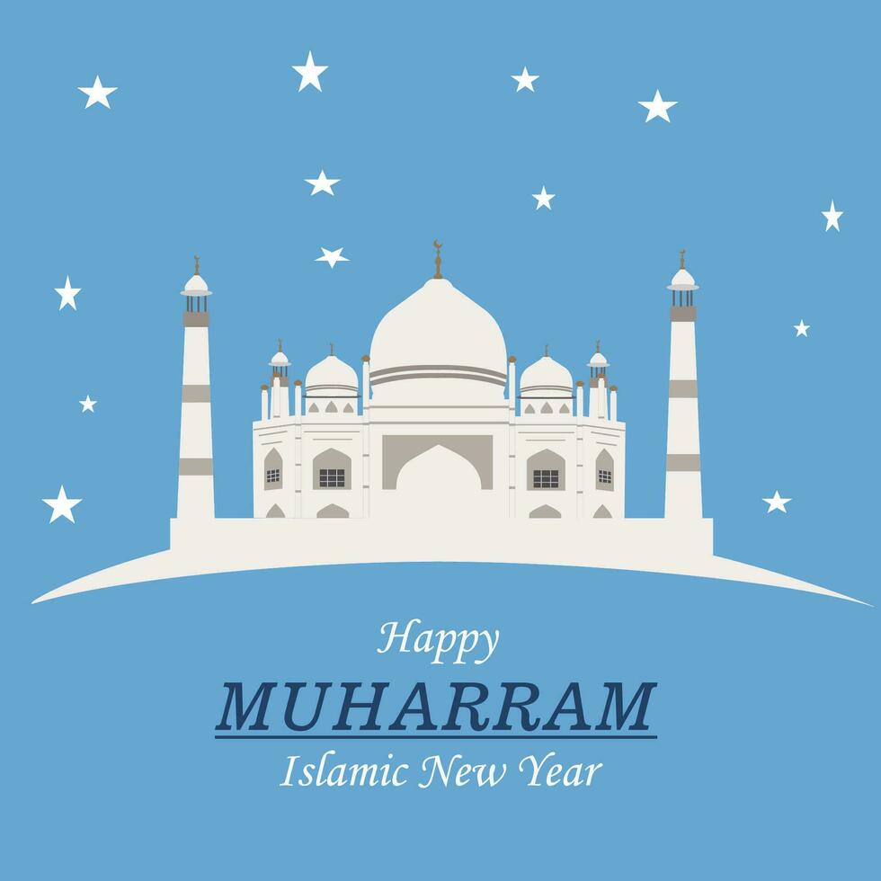 contento nuevo hijri año, islámico nuevo año 1445 hijriyah 1 muharram tarjeta diseño decorativo contento muharram antecedentes y islámico nuevo año saludo tarjeta modelo con mezquita vector