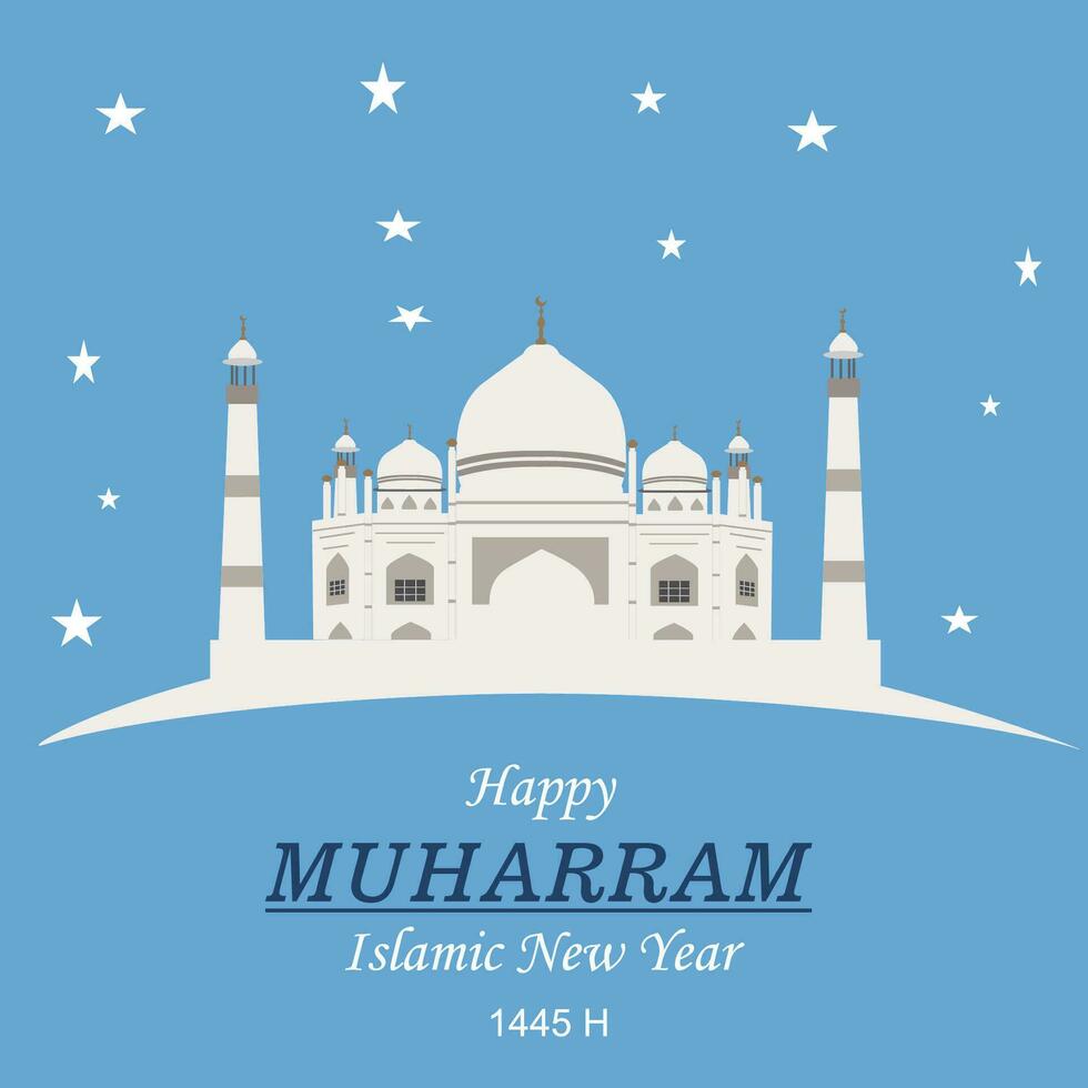 contento nuevo hijri año, islámico nuevo año 1445 hijriyah 1 muharram tarjeta diseño decorativo contento muharram antecedentes y islámico nuevo año saludo tarjeta modelo con mezquita vector