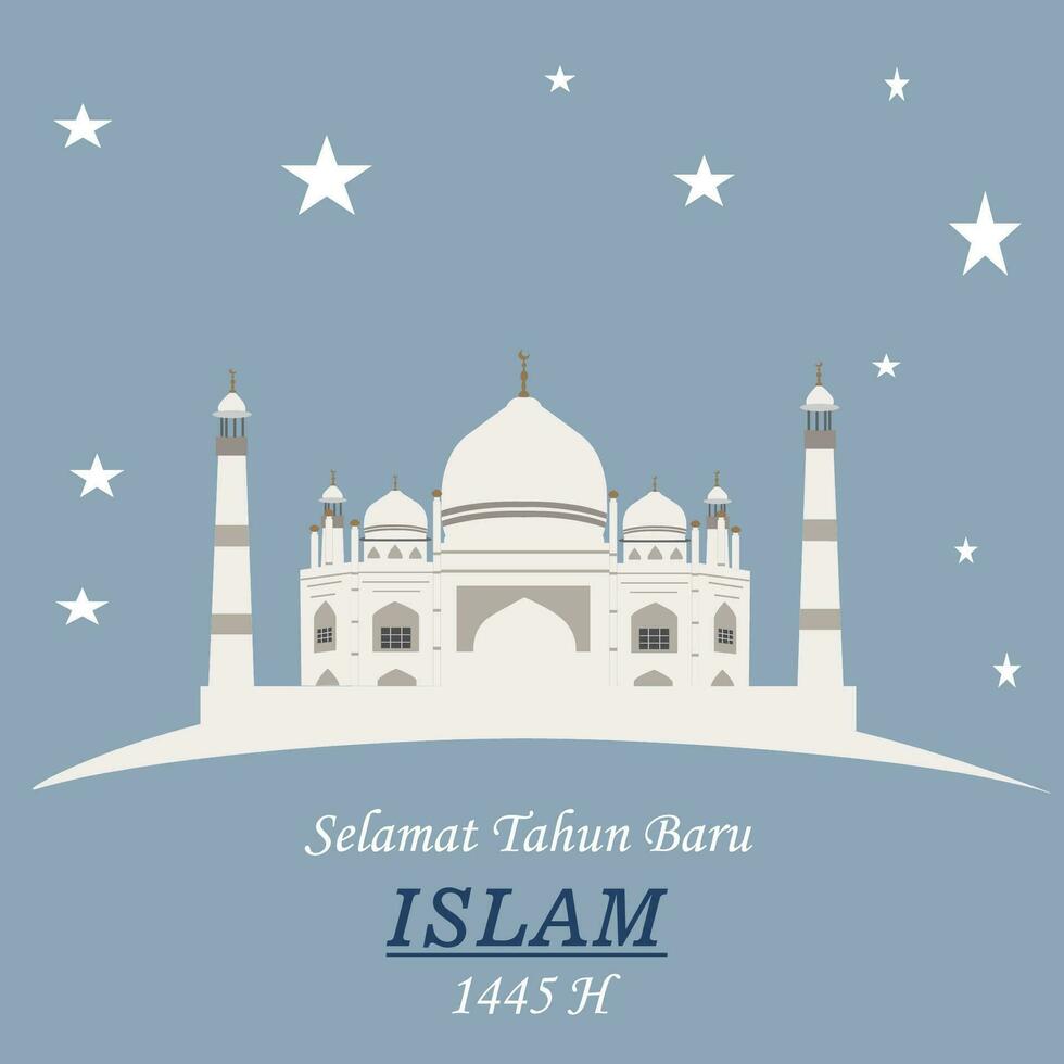 Selamat Tahun baru Islam Happy New Hijri Year, Islamic New Year 1445 Hijriyah 1 muharram  card design decorative happy muharram background and Islamic new year greeting card template with Mosque vector