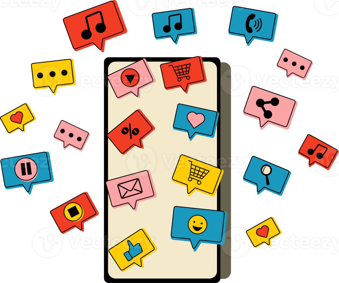 Phone with short messages, icons and emoticons. Chatting with friends and sending new messages. Communication, social networking concept png