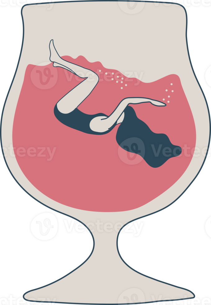 Trendy female characters swimming jumping into the glass.People suffering from hard drinking. Concept illustration with depressed characters sink in various alcohol glasses. png