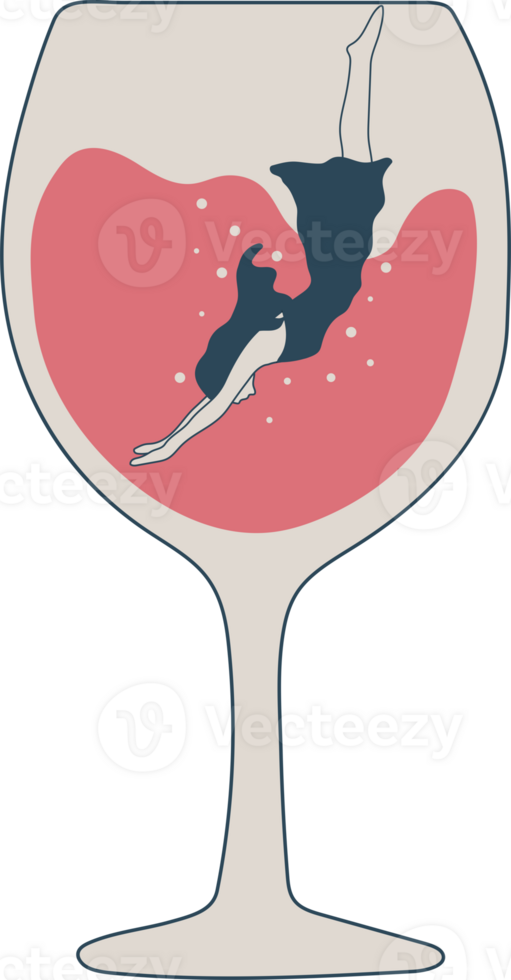 Trendy female characters swimming jumping into the glass.People suffering from hard drinking. Concept illustration with depressed characters sink in various alcohol glasses. png
