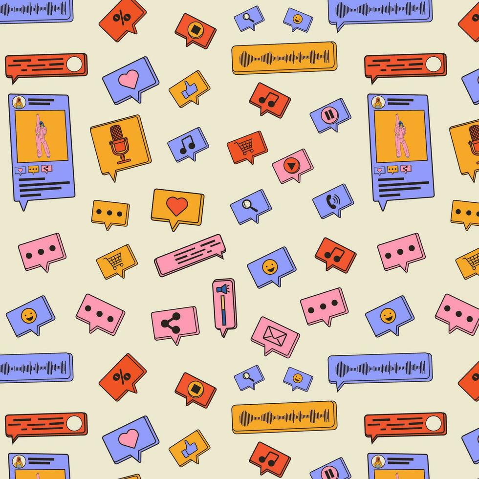 Seamless pattern with Social media platform, online social communication applications concept, emoji, hearts, chat and chart. vector