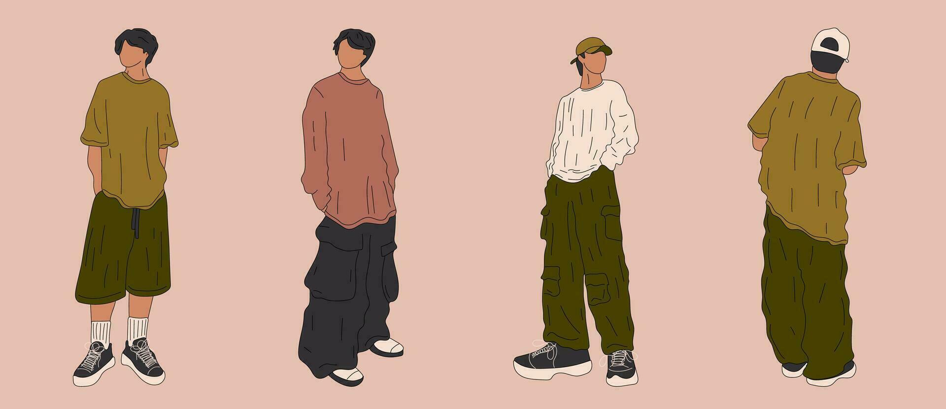 Set of three Street fashion men vector illustration. Young man in a fashionable clothes military style 90s 2000s in full growth posing.