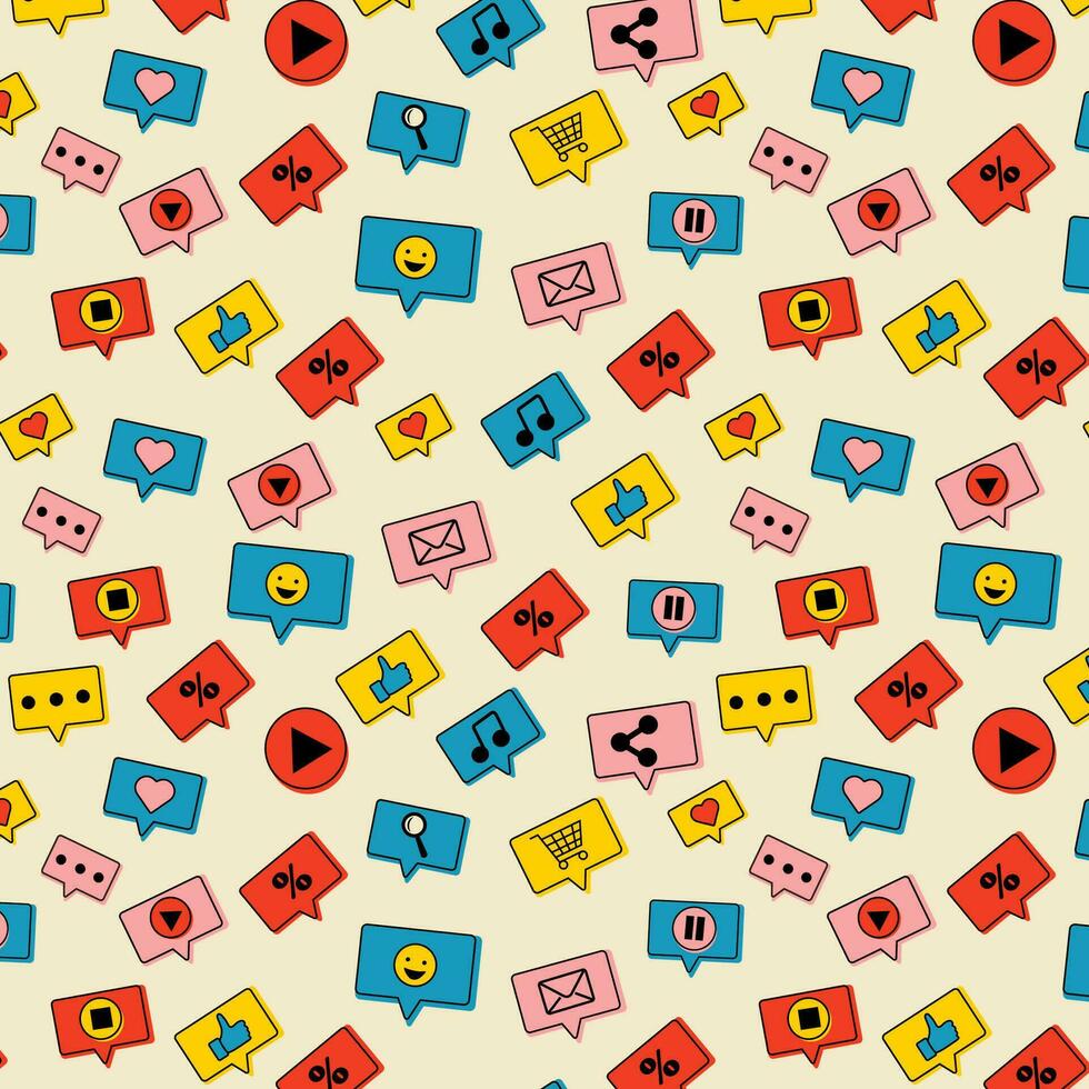 Seamless pattern with Social media platform, online social communication applications concept, emoji, hearts, chat and chart. vector