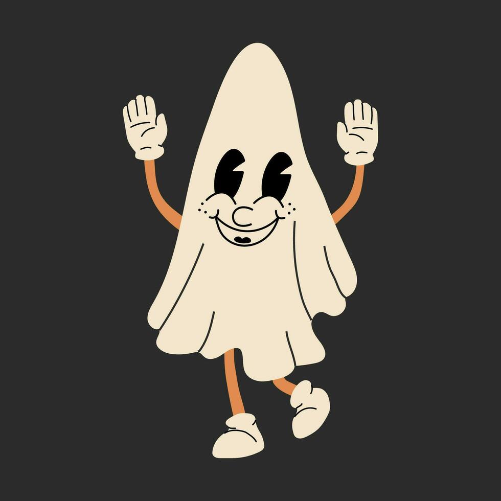 Ghost 30s cartoon mascot character 40s, 50s, 60s old animation style. Cartoon cheerful halloween mascot vector
