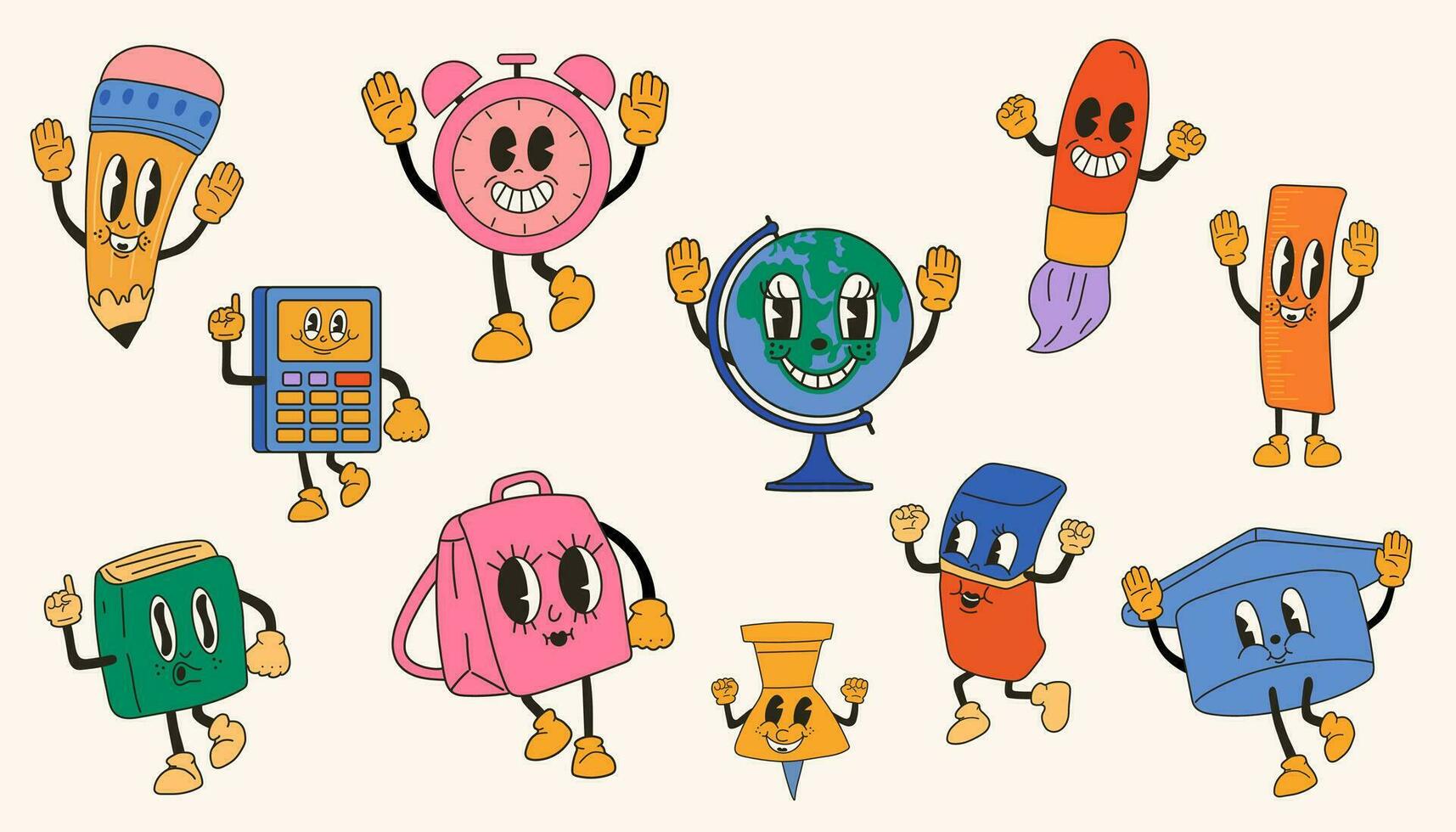 conjunto de colegio articulo 30s dibujos animados mascota personaje 40 años, años 50, 60s antiguo animación estilo. dibujos animados alegre colegio mascota vector
