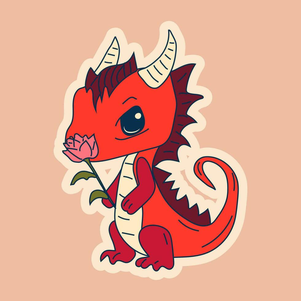 Vector Stock Illustration isolated Emoji character cartoon dragon dinosaur sniffs a flower with a cup sticker emoticon for site, info graphics, video, animation.