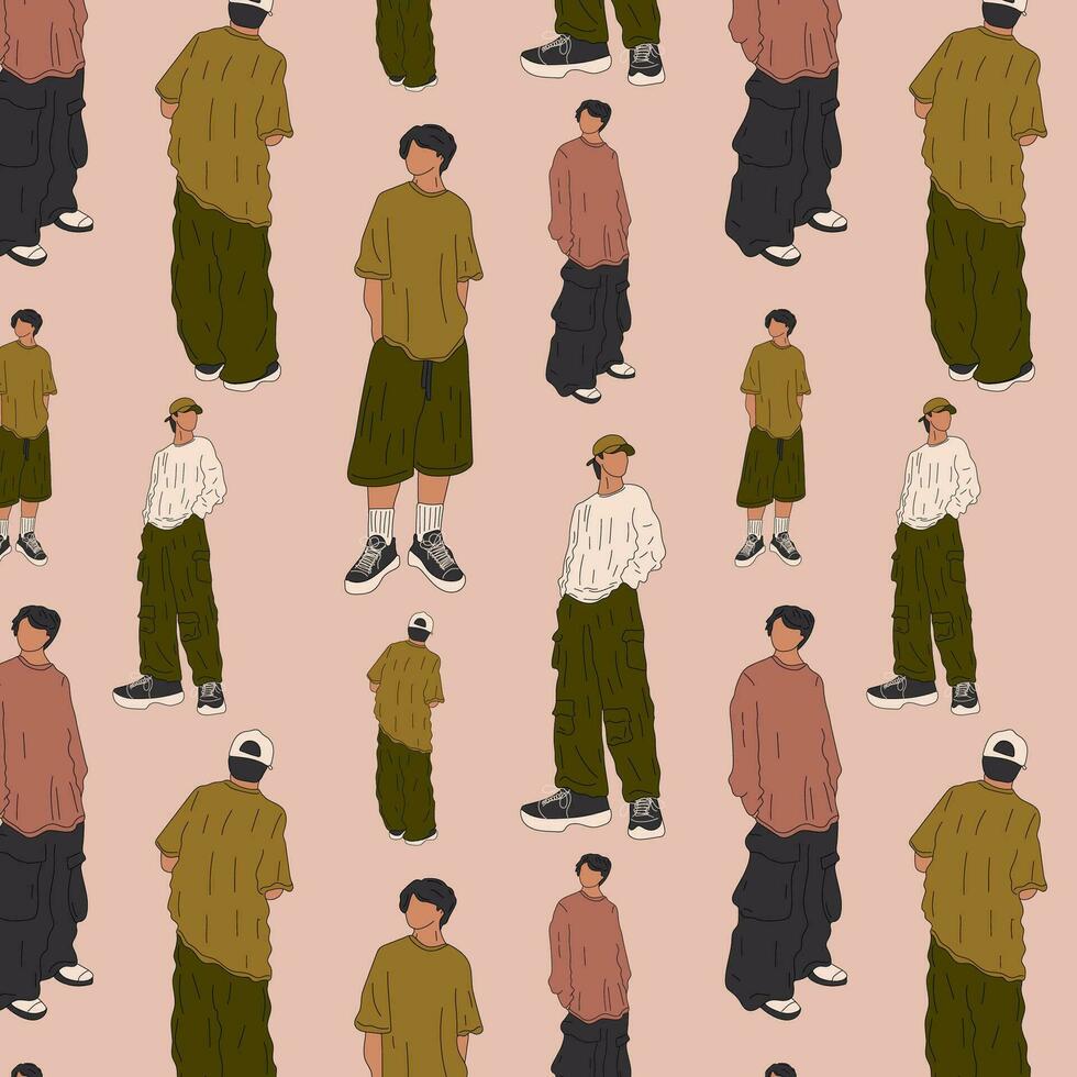 Seamless pattern with Street fashion men vector illustration. Young man in a fashionable clothes military style 90s 2000s in full growth posing.