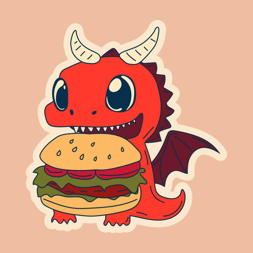 Vector Stock Illustration isolated Emoji character cartoon dragon dinosaur eats a burger sticker emoticon for site, info graphics, video, animation
