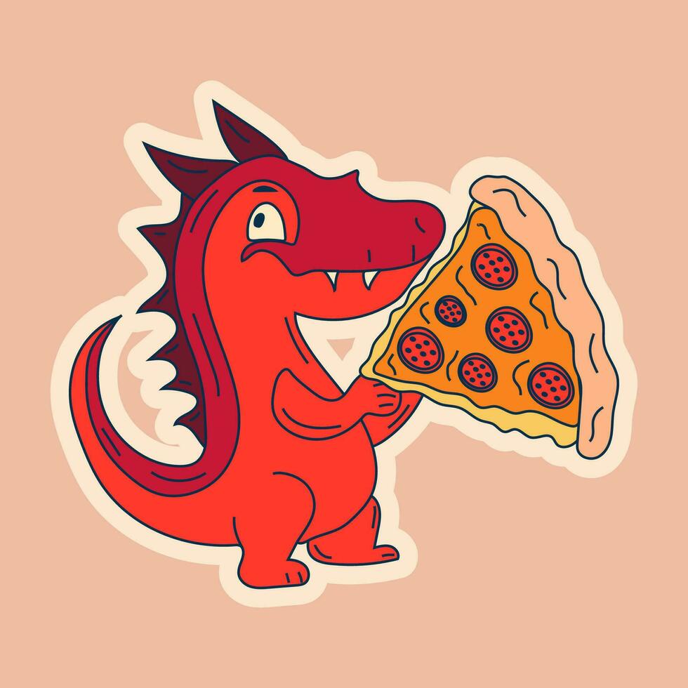 Vector Stock Illustration isolated Emoji character cartoon dragon dinosaur eats a pizza sticker emoticon for site, info graphics, video, animation