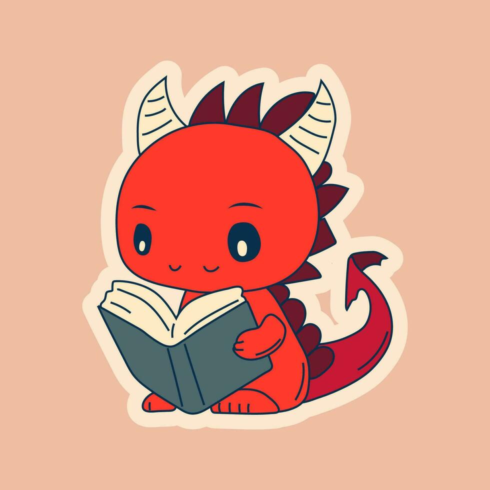 Vector Stock Illustration isolated Emoji character cartoon dragon dinosaur reading a book sticker emoticon for site, info graphics, video, animation