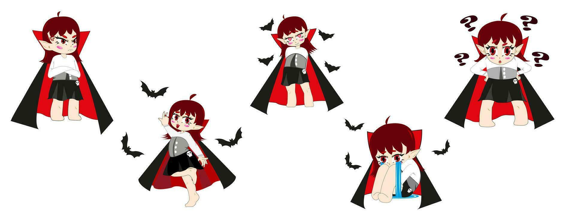 Set of Cute vampire anime girls. Cartoon halloween icon, nice lady in vampire costume isolated on white. Vector illustration design