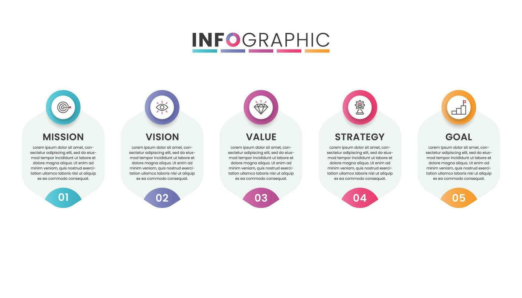 negocio infografía concepto. misión, visión, valor, estrategia y objetivo de compañía. vector