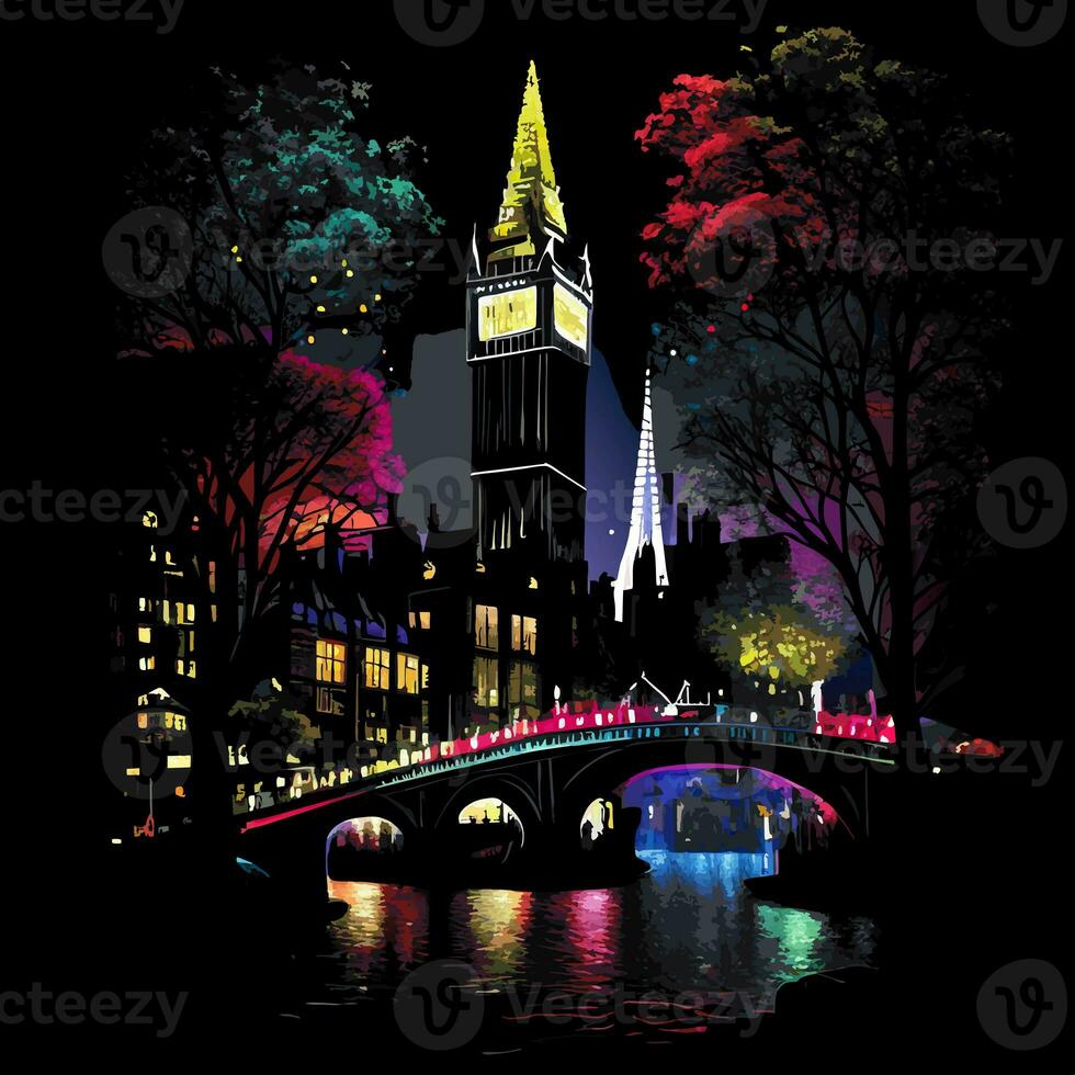 London Illuminated River City Scene at Night photo