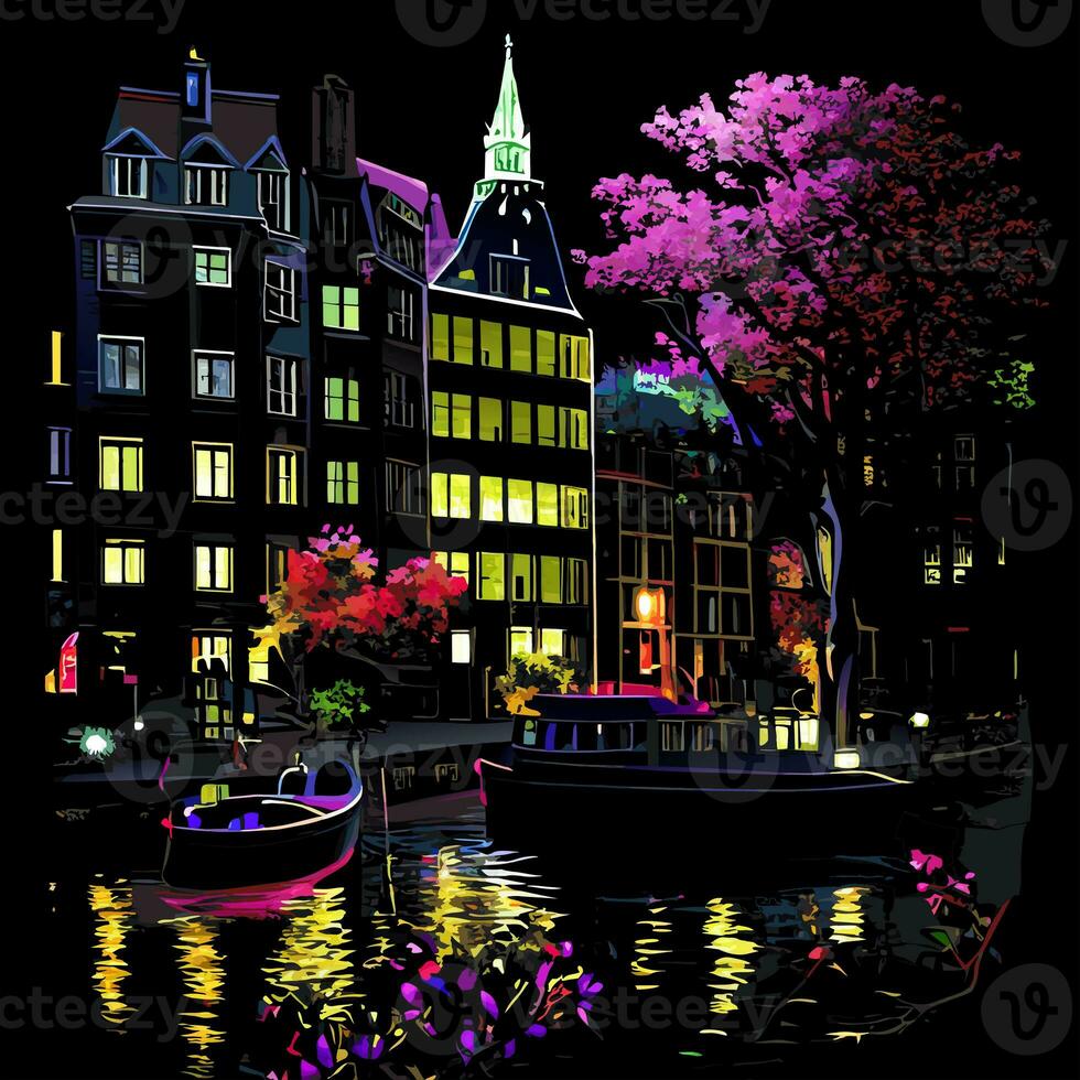 Amsterdam Illuminated River City Scene at Night photo