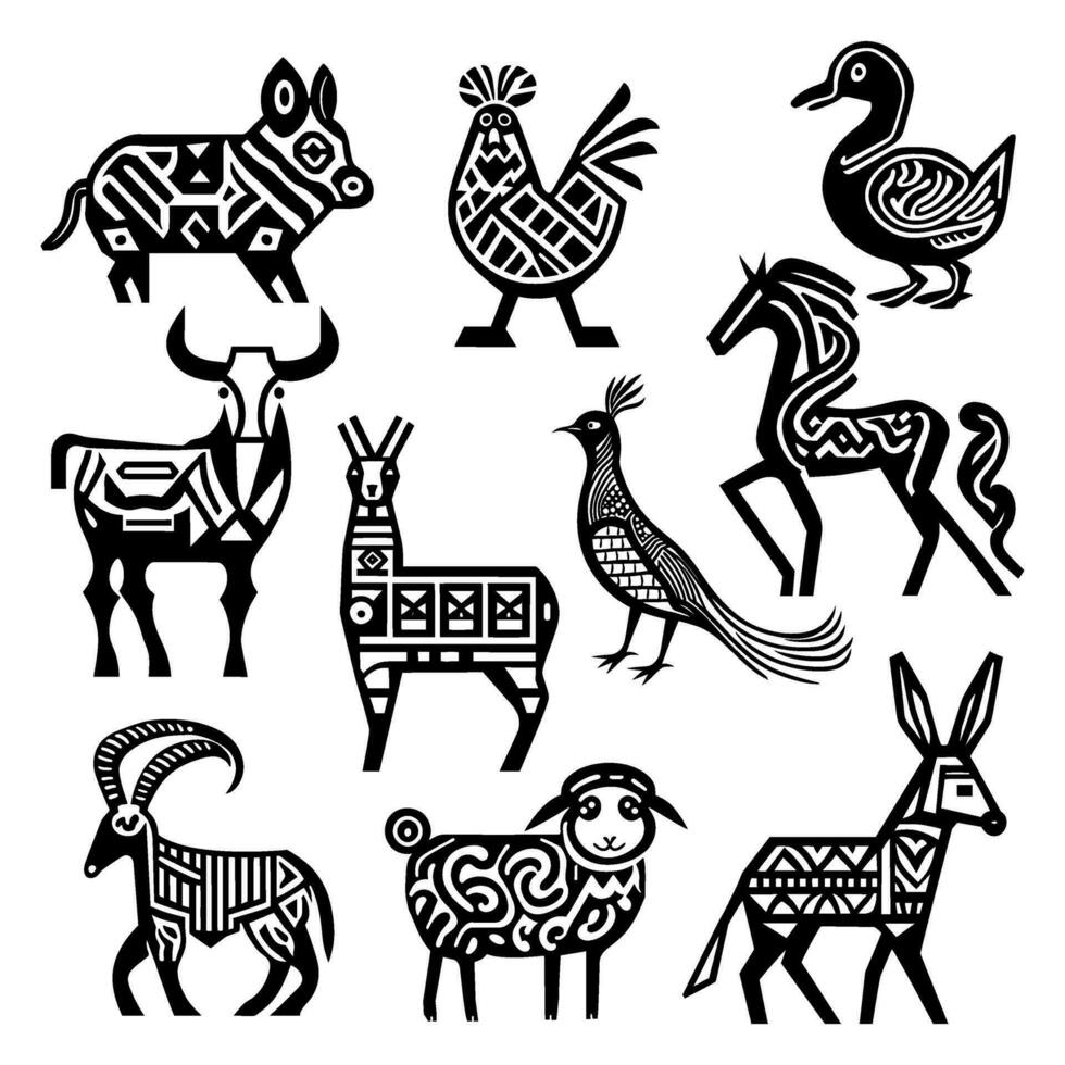 Tribal Silhouette Farm Animal Icon Collection vector