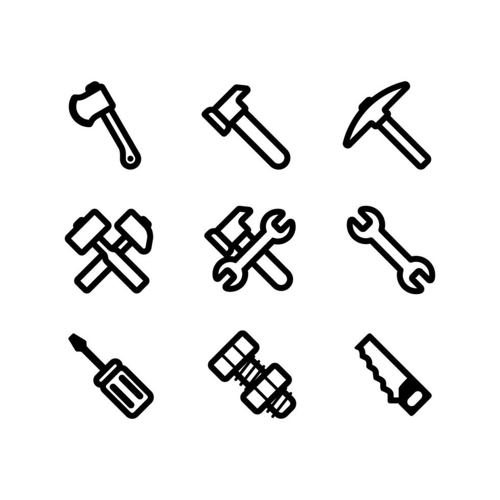 Construction work tools icon set. Simple line art style icon pack. vector