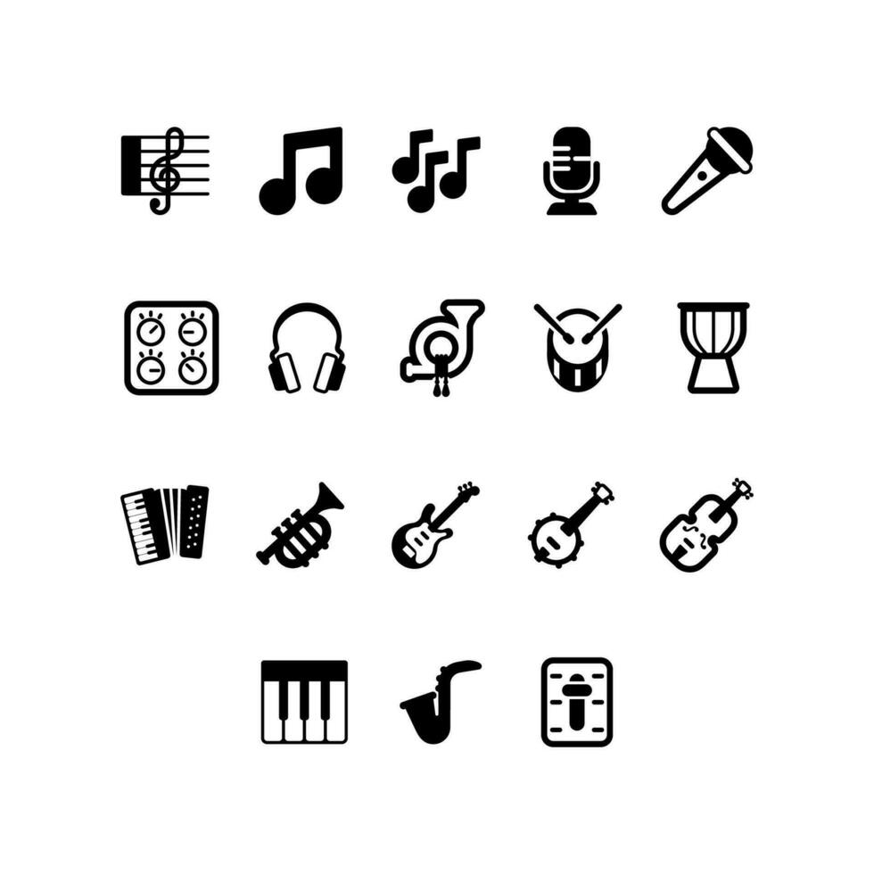 Set of music musical instruments Icons. Simple Silhouettes style icons pack. vector