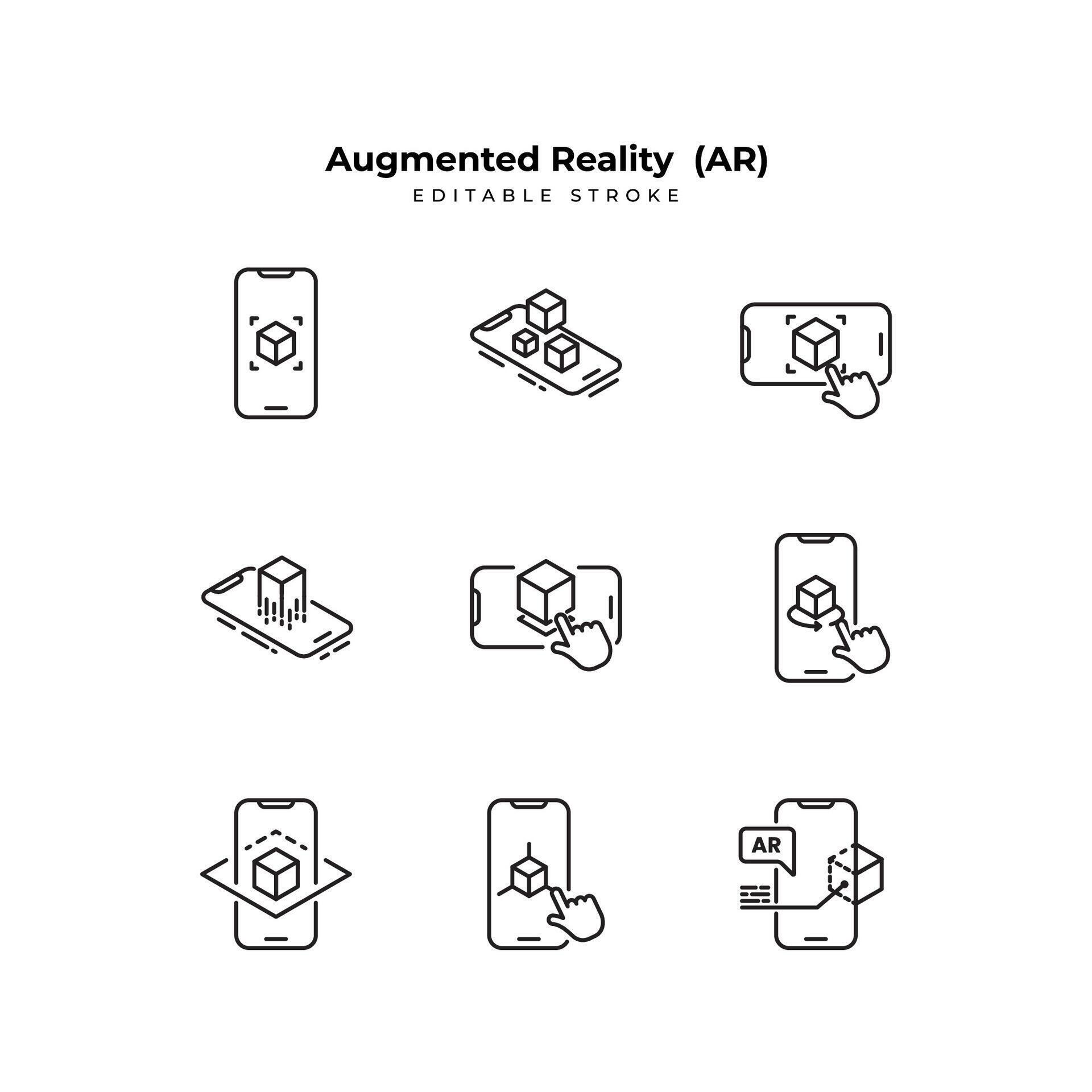 Set of augmented reality Icons. Simple line art and editable stroke