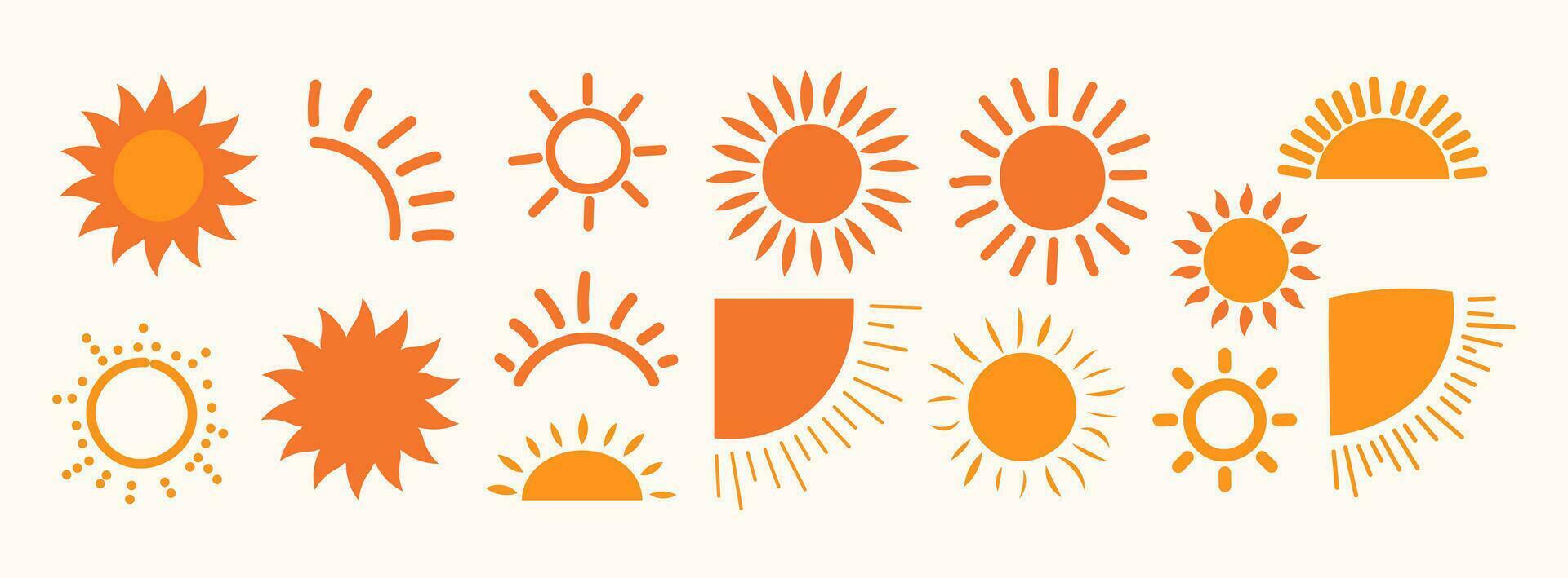 Sun illustration collection in hand drawn cartoon flat style. Yellow sun star icons collection. Summer, sunlight nature vector illustration