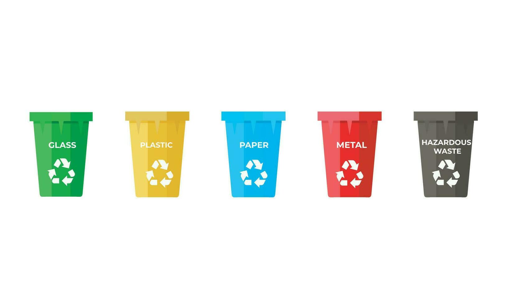 5 trash cans to sort glass, plastic, paper, metal and unsafe waste vector