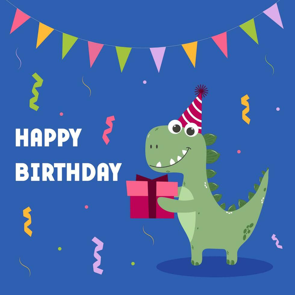 Birthday Card With Dinosaur Character. Vector illustration for children t-shirts, stickers, greeting cards.