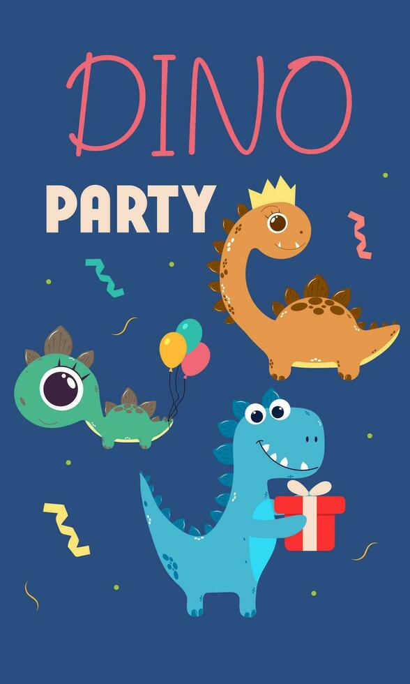 Tres dinosaurios con el inscripción dino fiesta. cumpleaños fiesta póster concepto. dibujos animados estilo ilustración vector