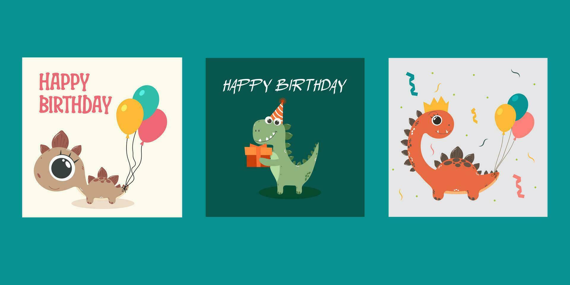 Happy birthday greeting cards, balloons, gifts. Funny dinosaurs on holiday cards for kids. Vector posters, cartoon style.