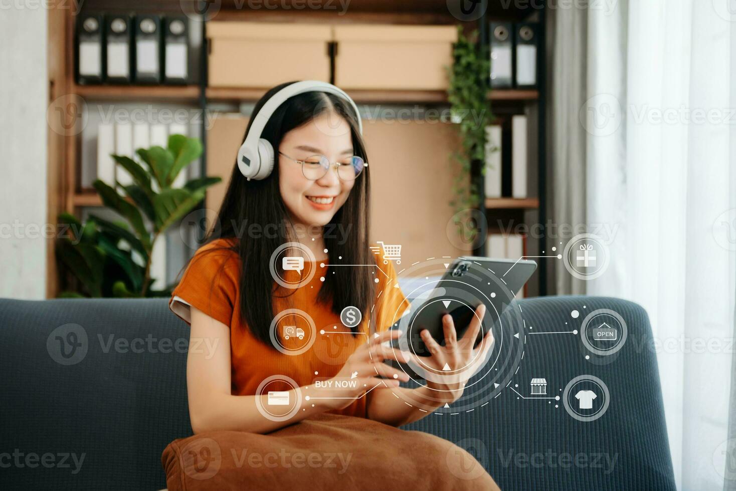 Woman Hand using tablet ,laptop, and holding mobile phone with credit card online banking payment communication network, internet application virtual icon photo