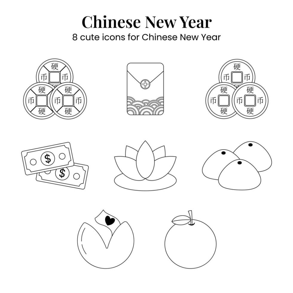 Chinese New Year icon lineart black white ready to color. Cute icon set vector