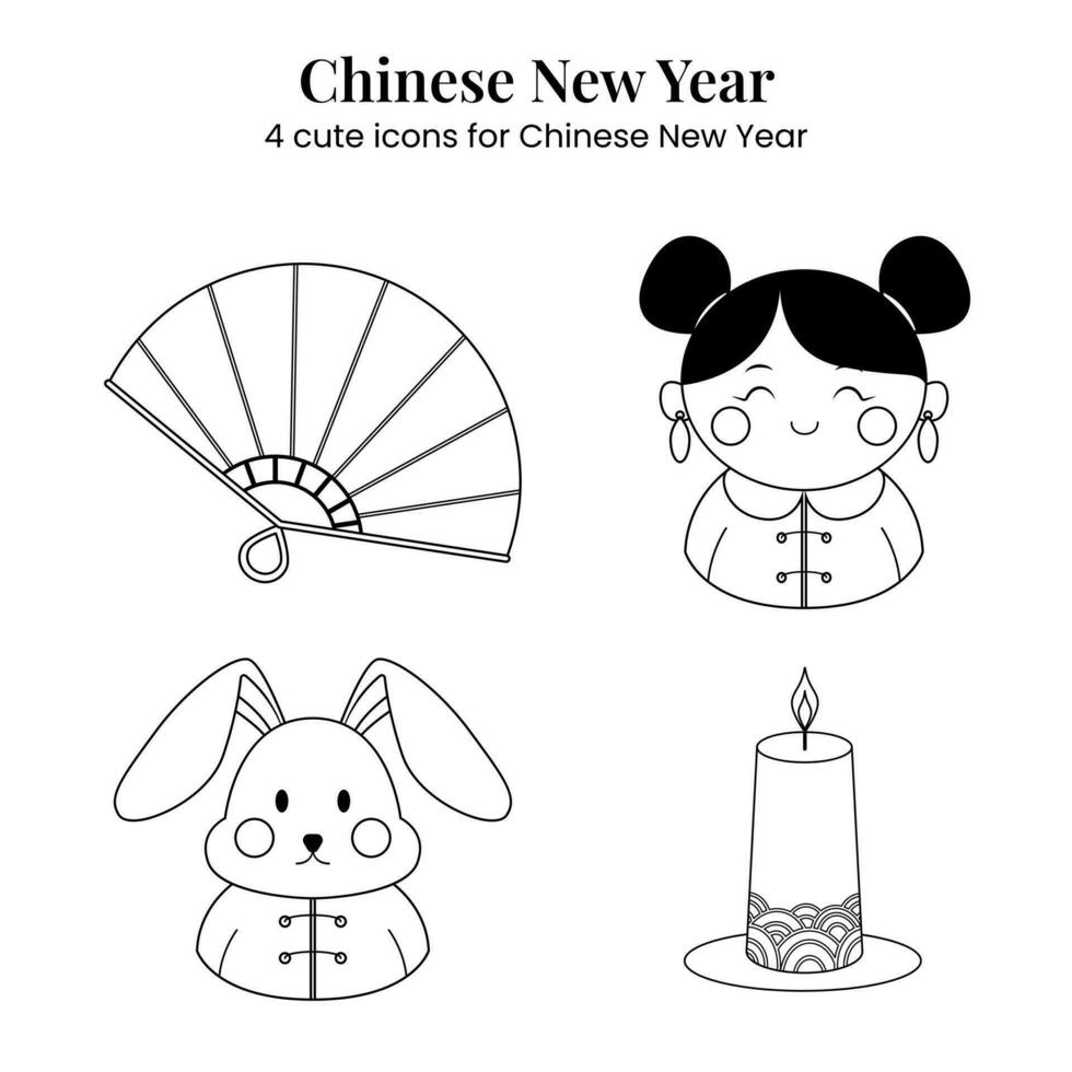 Chinese New Year icon lineart black white ready to color. Cute icon set vector