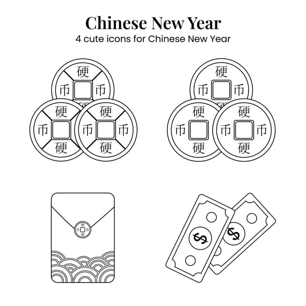 Chinese New Year icon lineart black white ready to color. Cute icon set vector