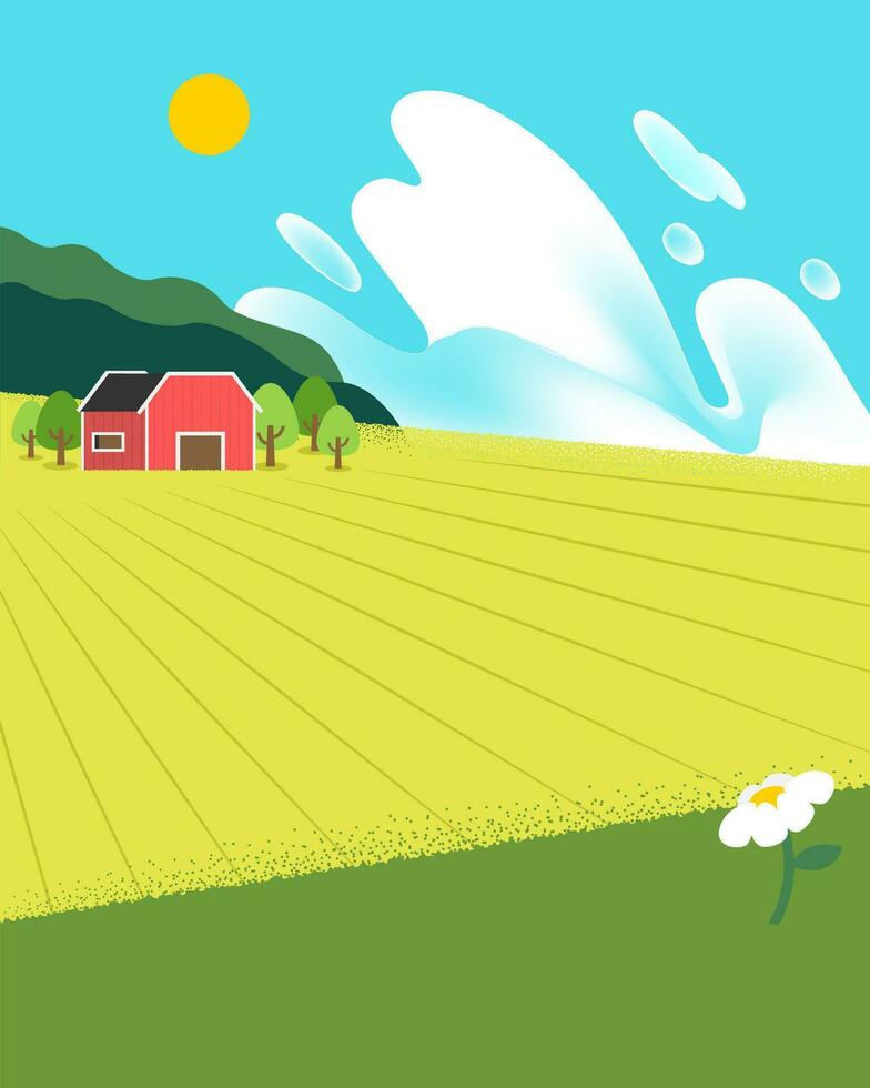 paisaje con un granero y flores en soleado día. vector