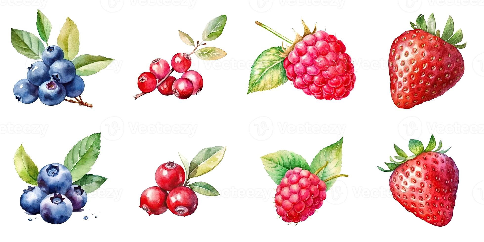 Set of watercolor berries isolated on white background strawberry, blueberry, cranberry, raspberry. photo