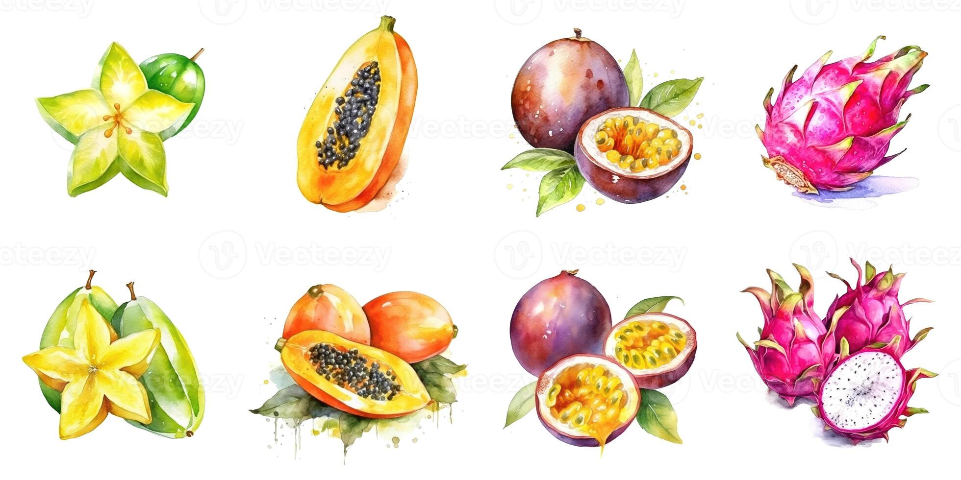 conjunto de acuarela tropical frutas aislado en blanco antecedentes continuar fruta, papaya, pasión fruta, carambola generativo ai foto