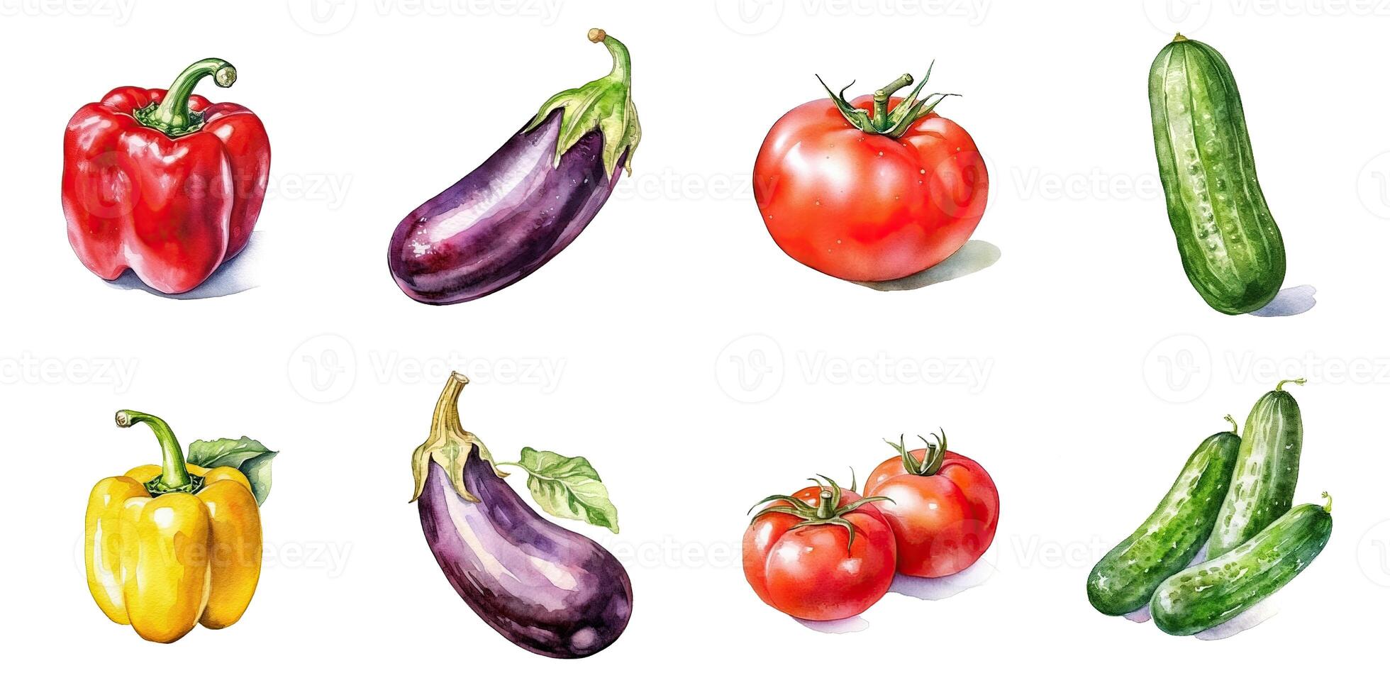 Set of watercolor vegetables isolated on white background eggplant, tomato, cucumber, bell pepper. photo