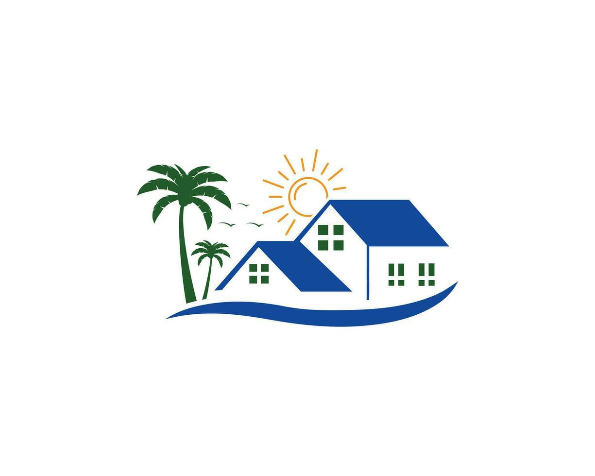 Simple Beach House Real Estate Logo Design With Palm Tree and Sunset Symbol Vector Icon.